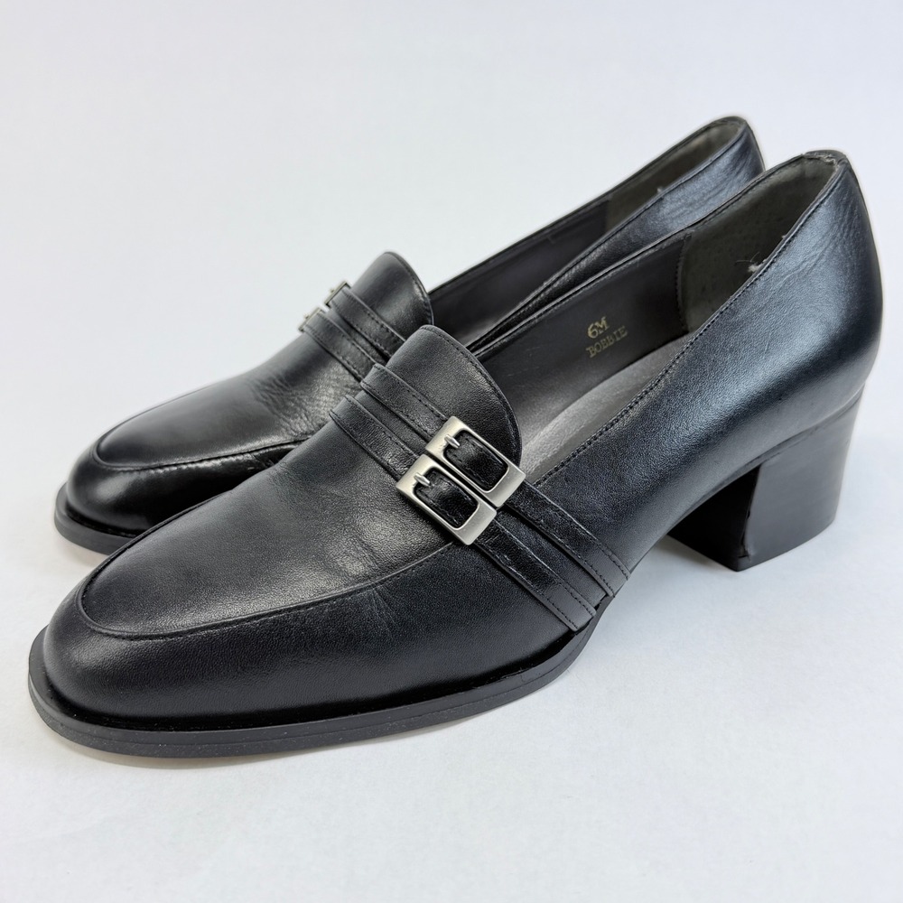 Marquise Bobbie Black Leather Heeled Loafer Block Heel Buckle Pump Womens 6M
